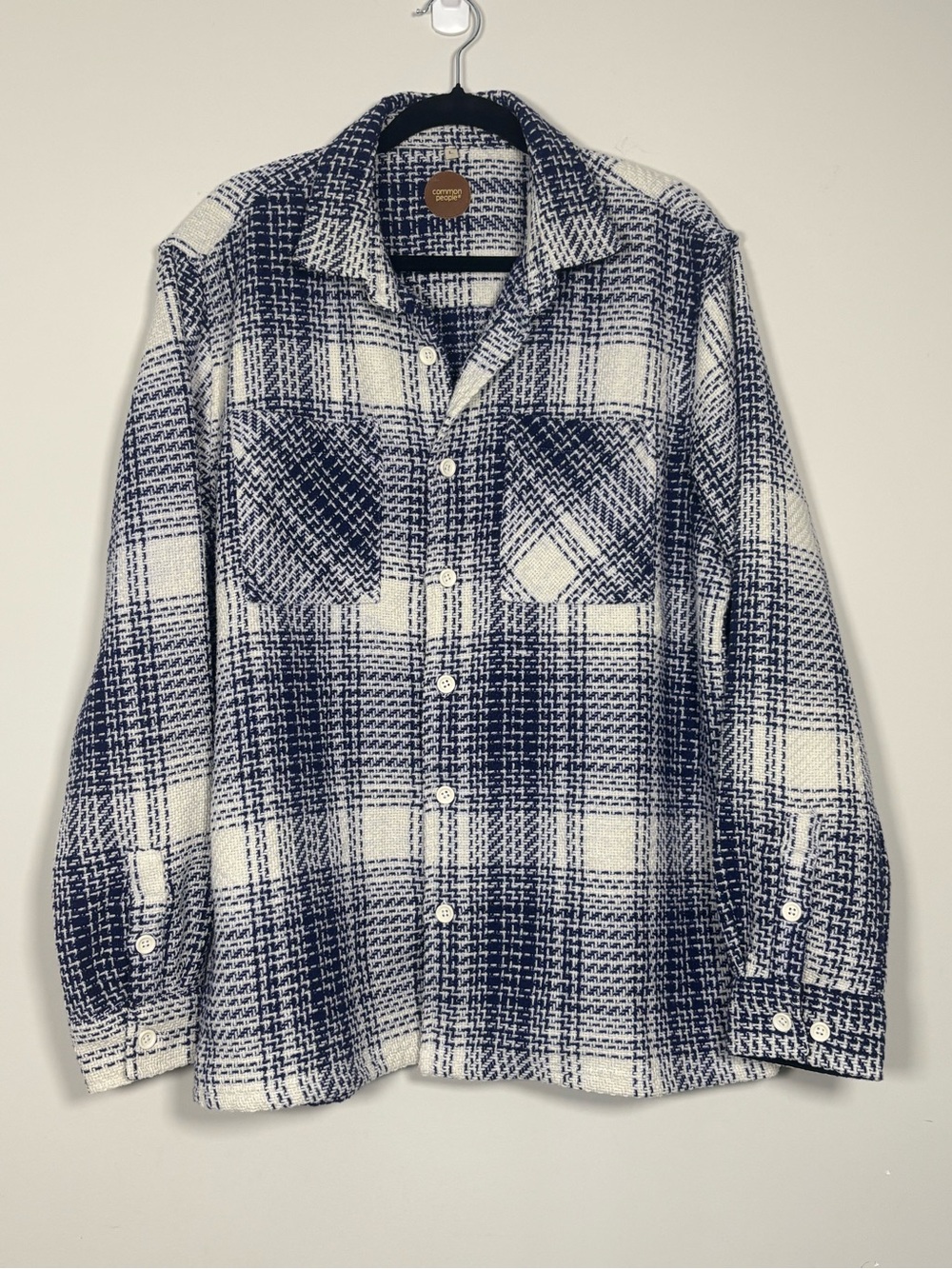 Common‎ People Blue White Plaid Textured Tweed Shacket Button Up Shirt Jacket L